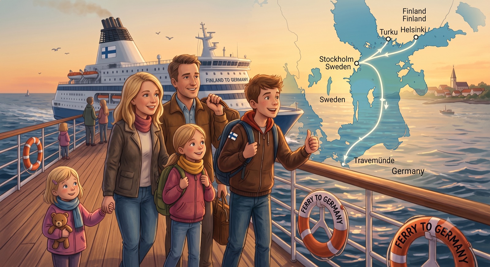 Illustration of a family of five on a ferry deck, watching a map showing the route from Finland via Sweden to Germany
