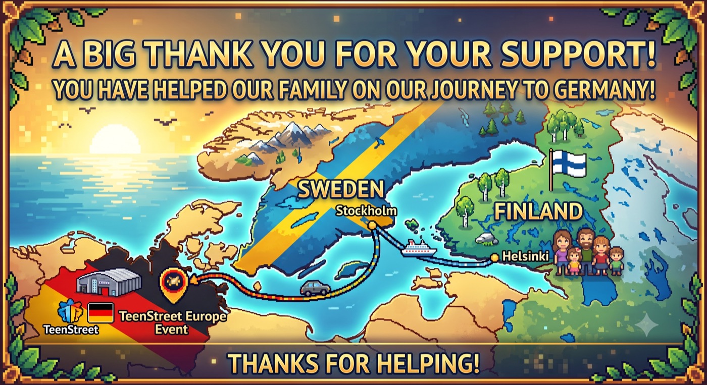 Illustrated pixel-art map of the route from Finland through Sweden to the TeenStreet Europe event in Germany, with a thank-you message for supporters